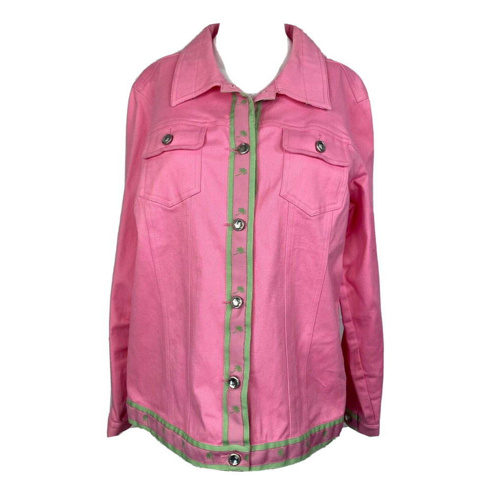 Quacker Factory Jacket Women Sz M Pink Twill Palm Tree Rhinestone Button Up